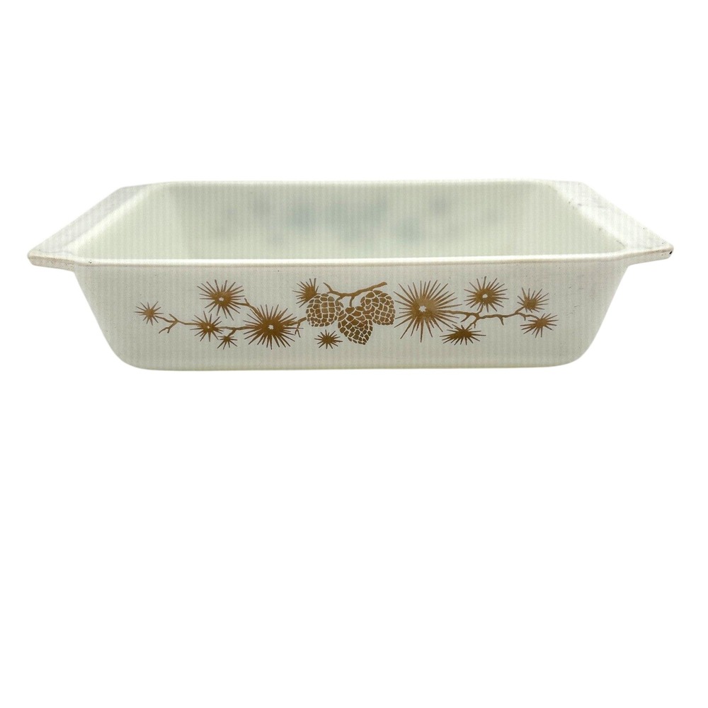 Pyrex Baking Dish Golden Pine Cone White Gold  1.5 Q Rectangular Casserole